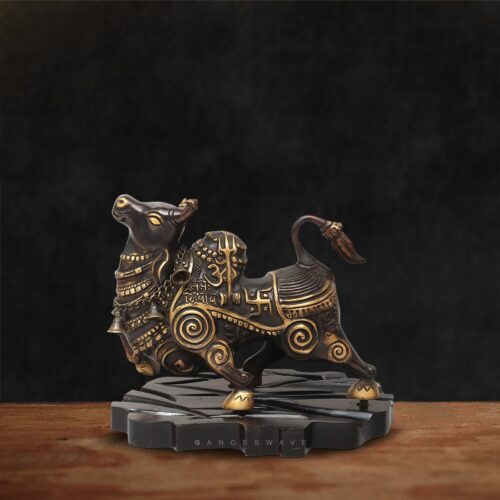Artistic style brass Nandi bull idol with Om carvings