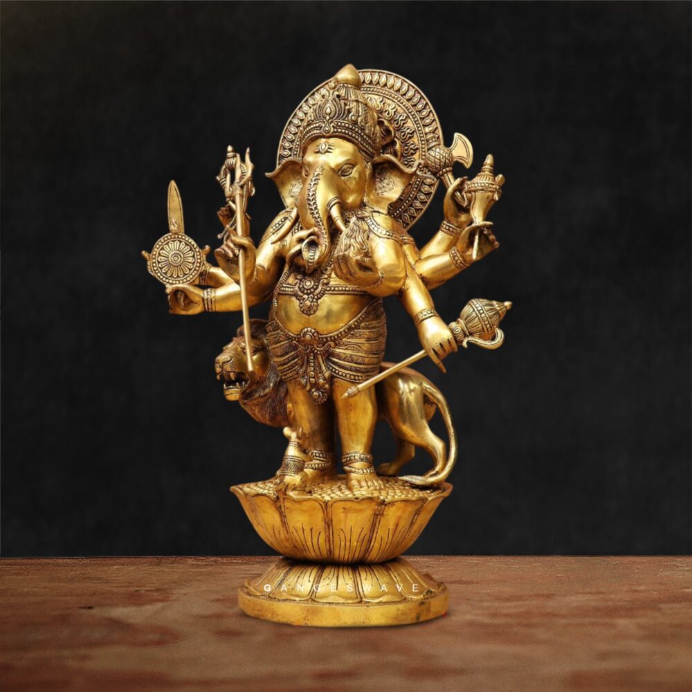 Vighnaharta multi-armed Ganesh idol holding divine weapons