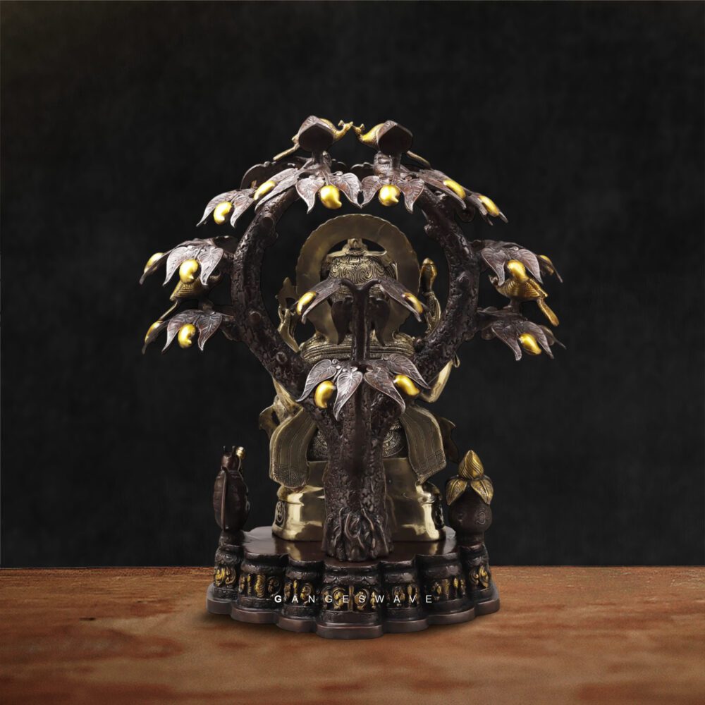 Golden Brass Ganesh Idol with Sacred Tree Canopy and Fruits