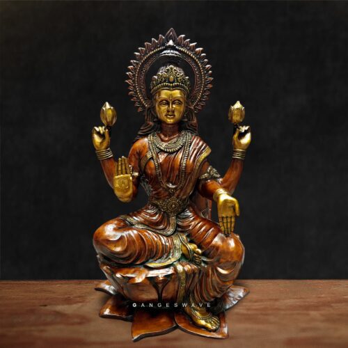 Brass Lakshmi Mata murti seated on lotus for pooja and home décor