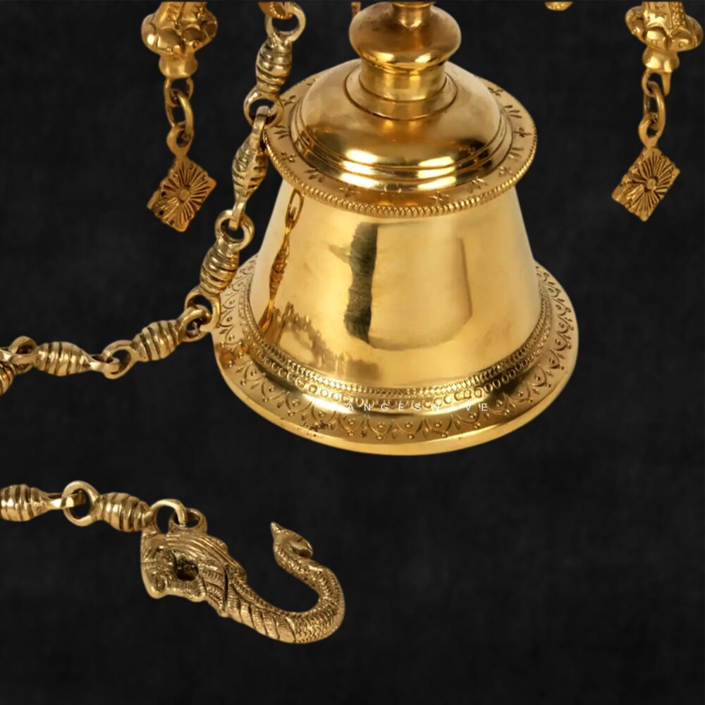 Vintage finish brass hanging temple bell with chain and carvings