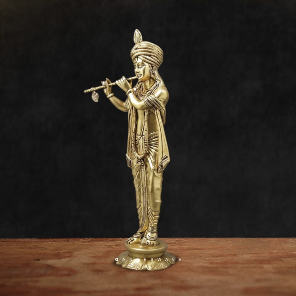 Handcrafted brass Krishna idol playing flute for puja