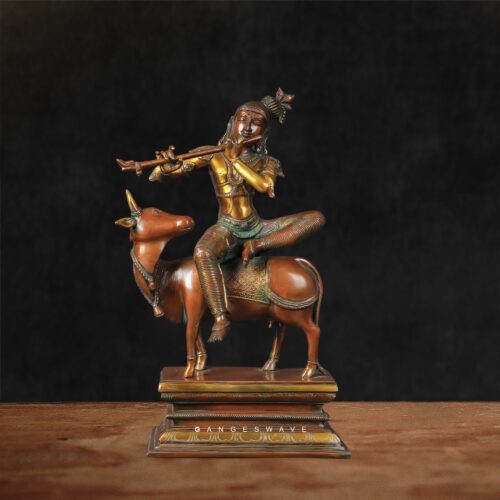 Unique Brass Krisha Statue Sitting on Cow