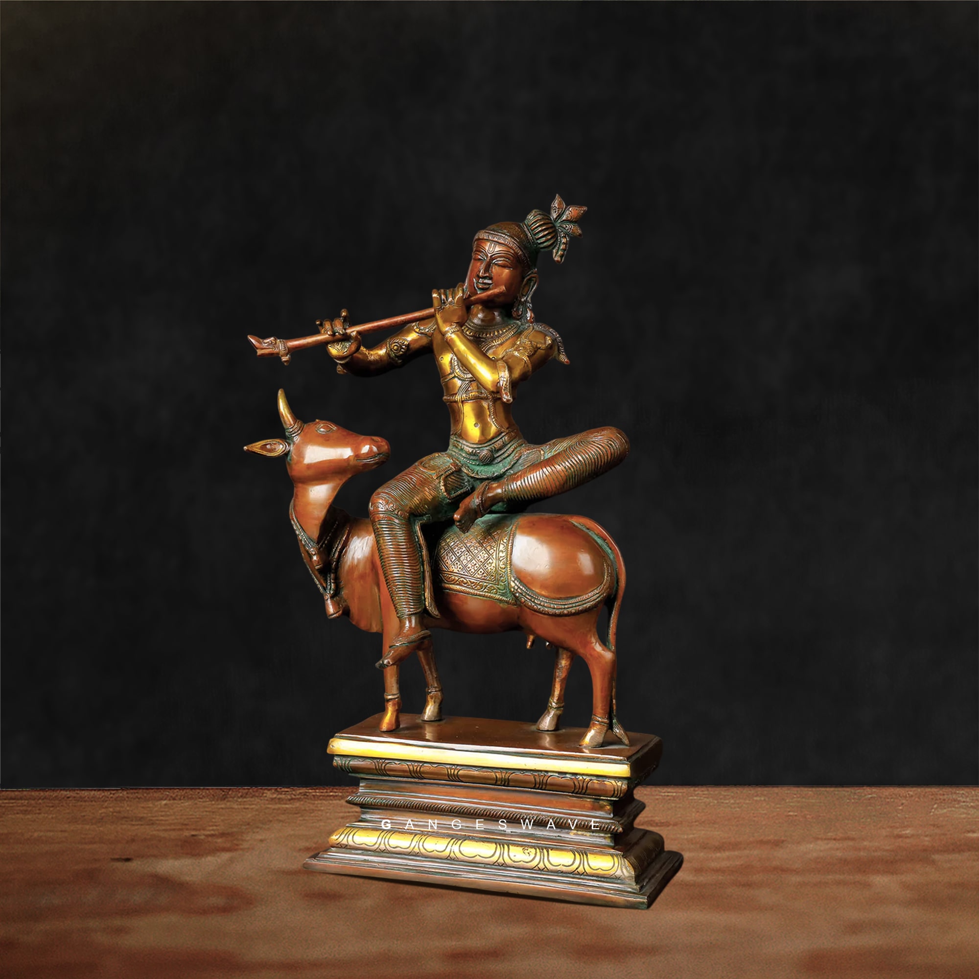 Unique Brass Krisha Statue Sitting on Cow - Image 5
