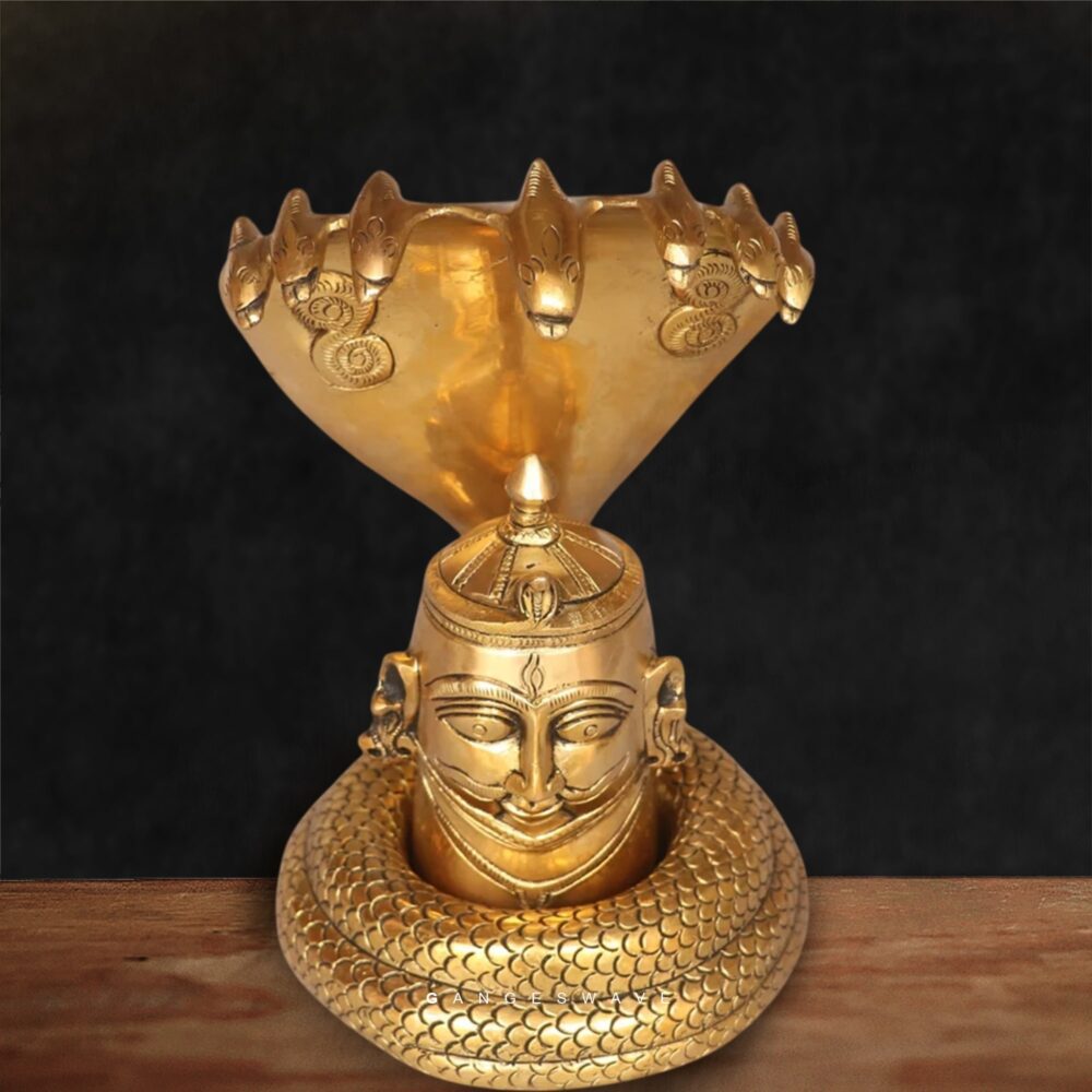 Handmade brass Mukhalingam statue with five-headed naga for puja décor