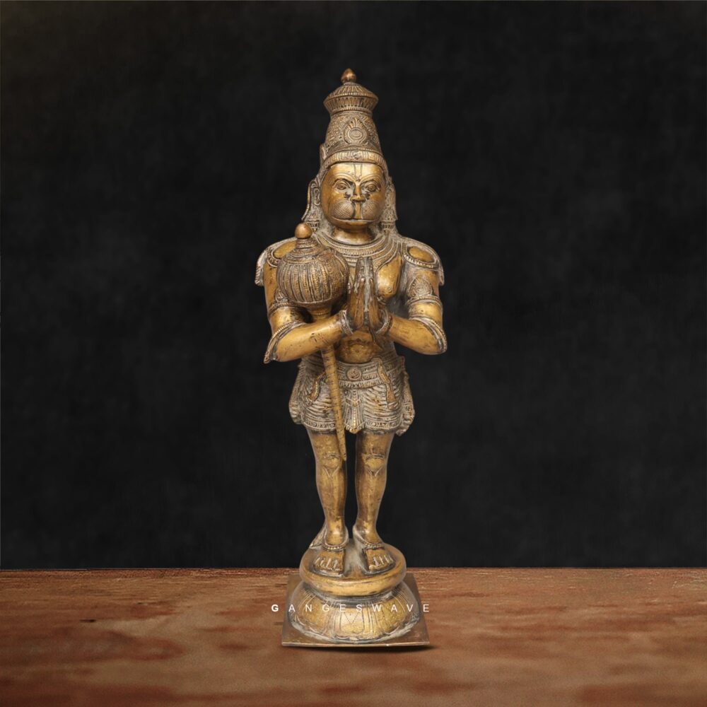 Handcrafted bronze finish Hanuman statue with mace for home temple décor