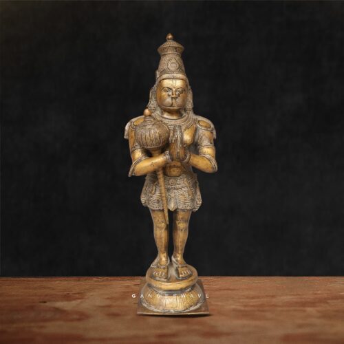Handcrafted bronze finish Hanuman statue with mace for home temple décor