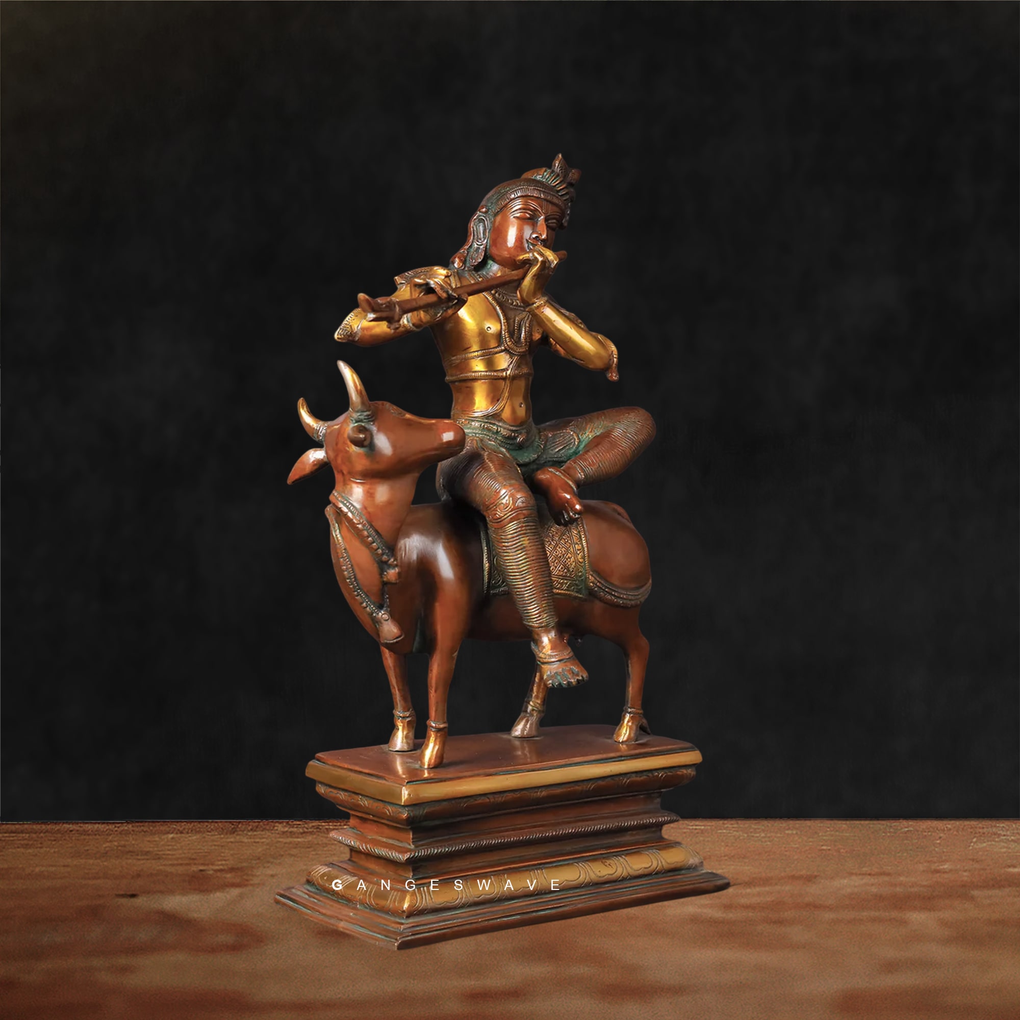 Unique Brass Krisha Statue Sitting on Cow - Image 4