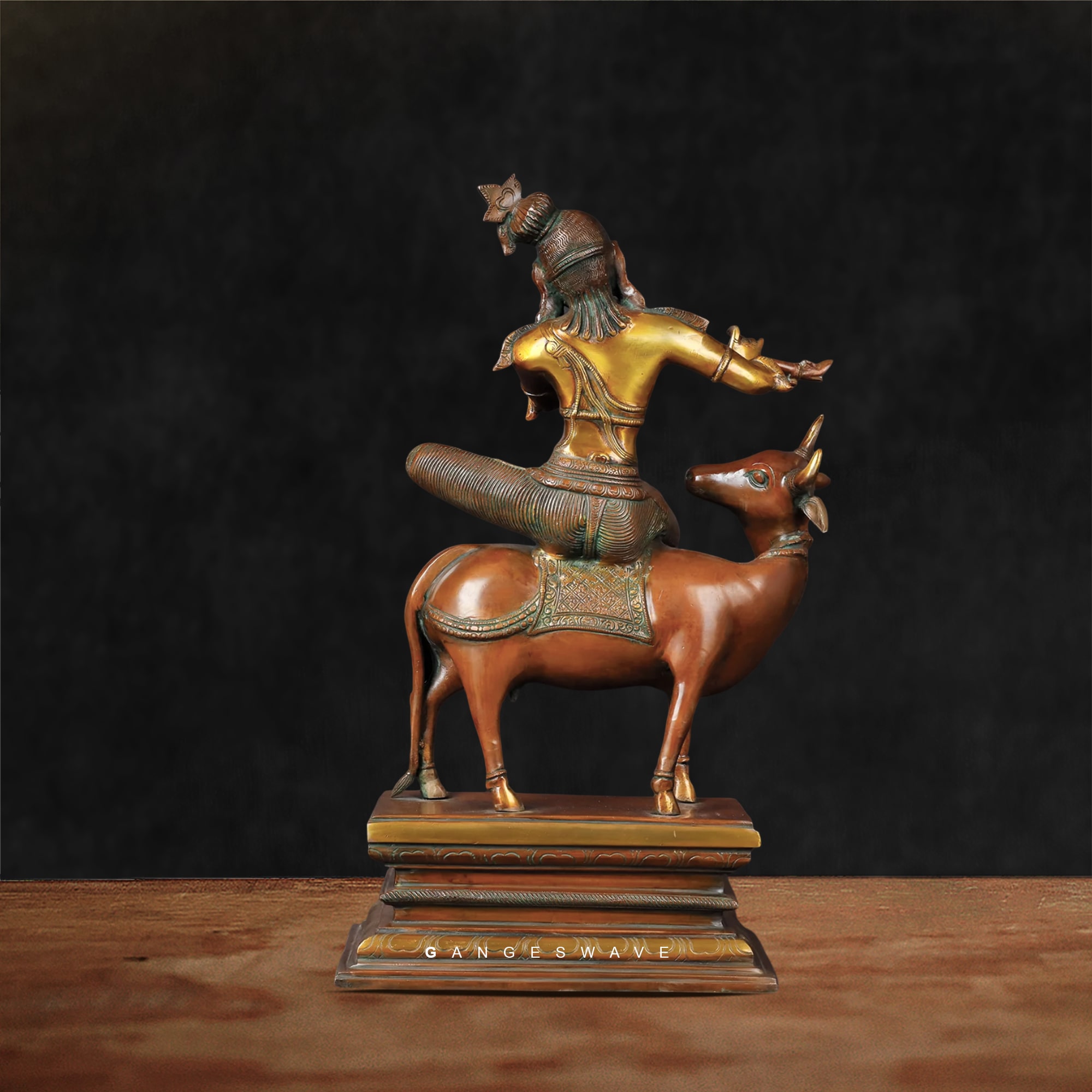 Unique Brass Krisha Statue Sitting on Cow - Image 3