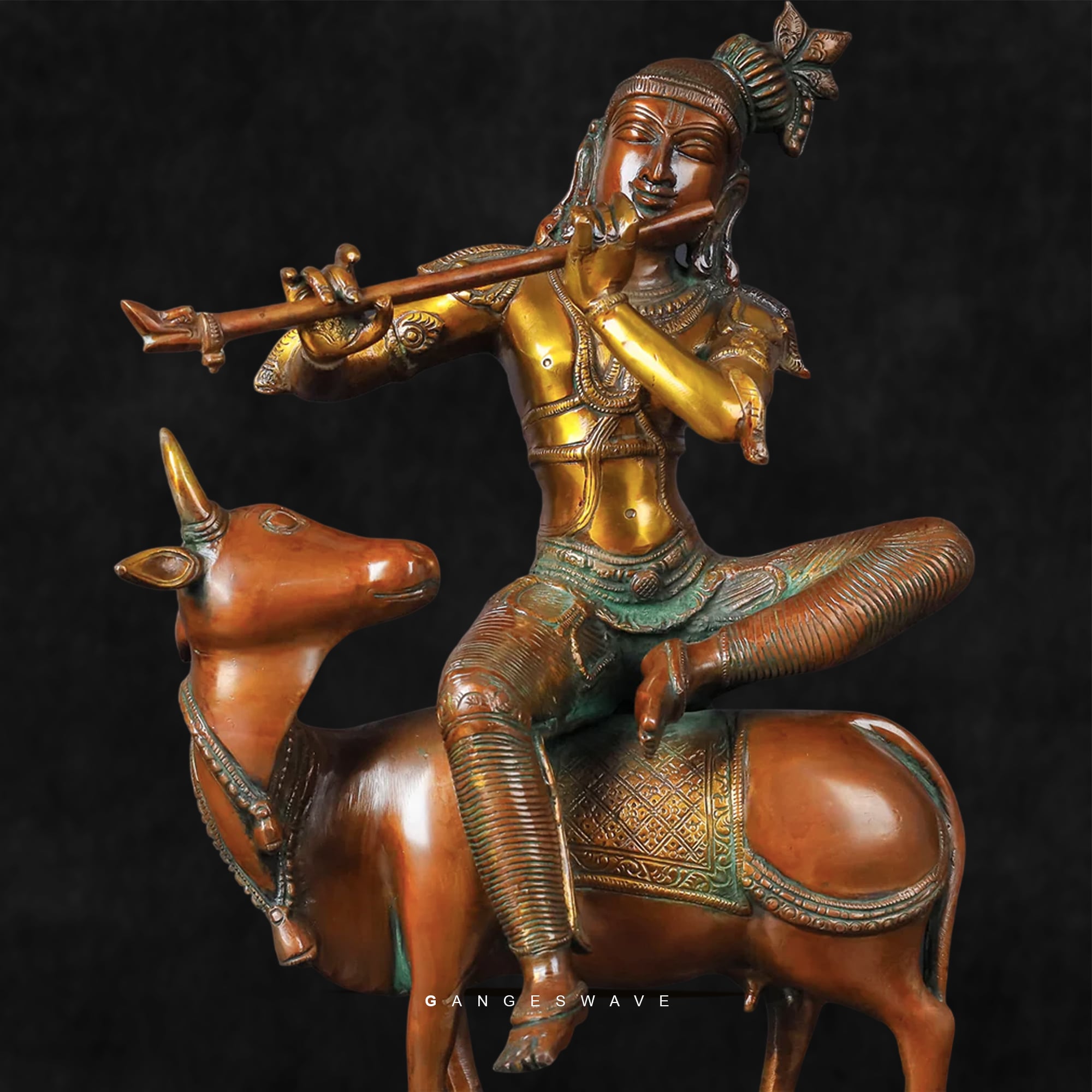 Unique Brass Krisha Statue Sitting on Cow - Image 2