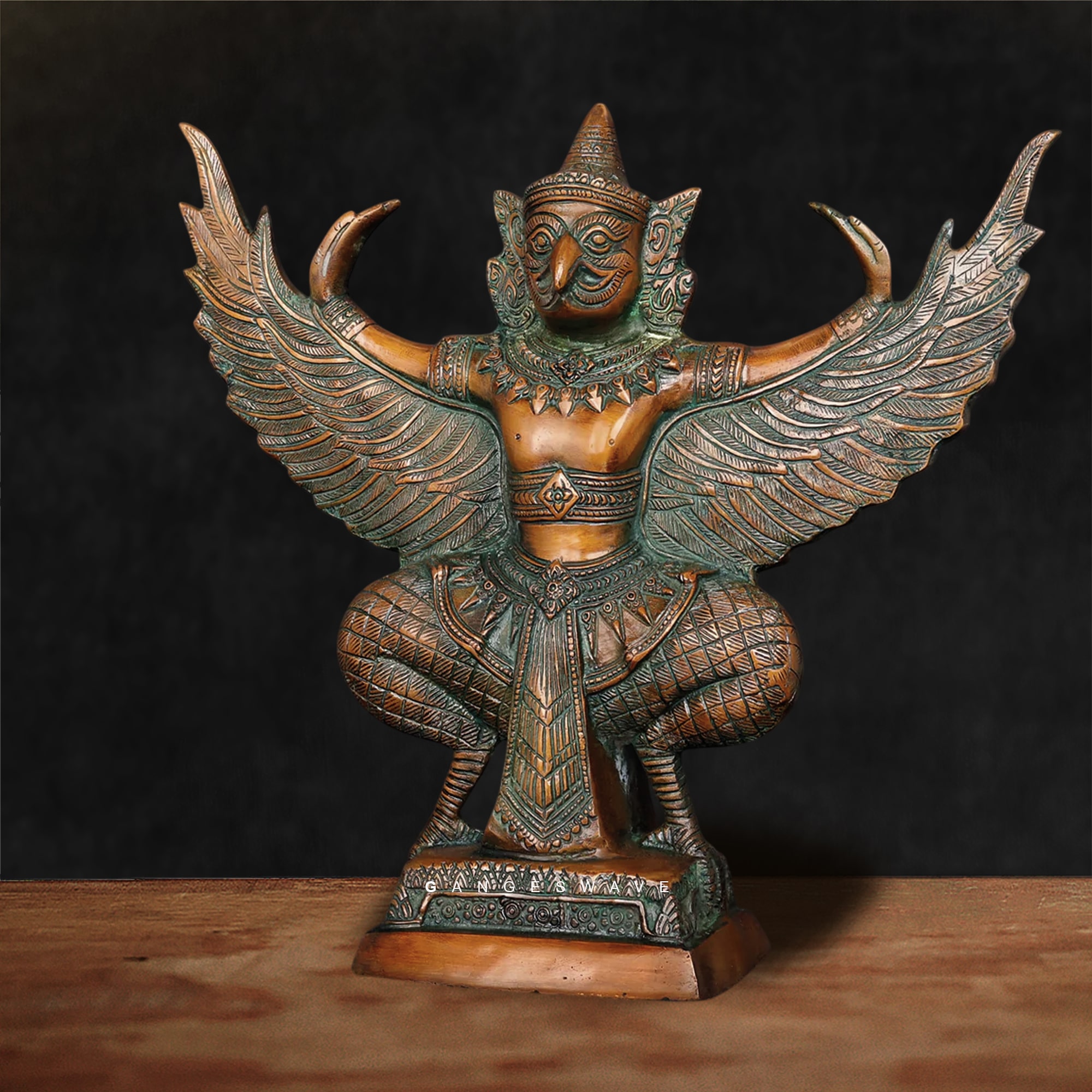 Handcrafted Brass Garuda Idol in Vintage Finish - 12 inches - Image 4