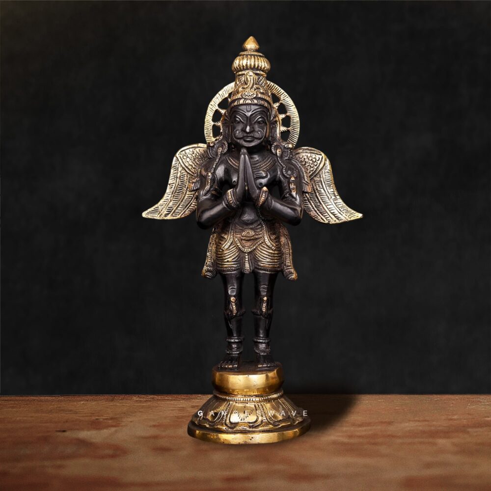 Handcrafted Black Brass Garuda Idol with Antique Golden Detailing – Hindu God Statue for Puja & Home Decor