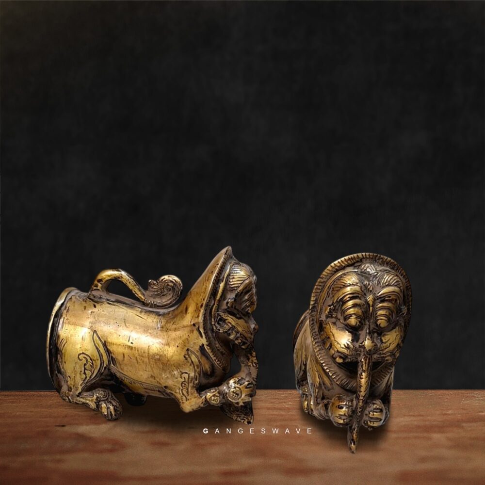 "Handcrafted brass palanquin pole lions antique finish home decor set of 2