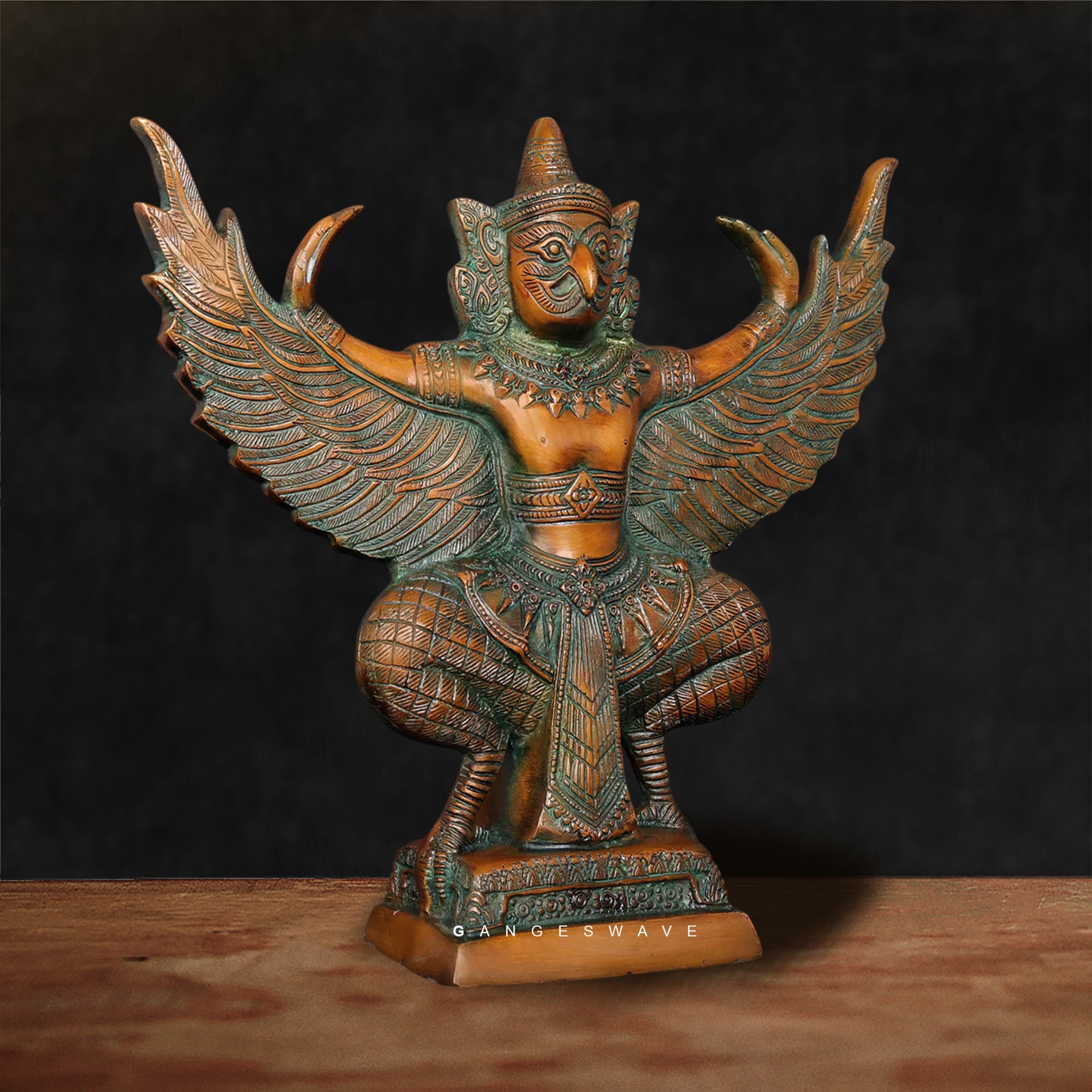 Handcrafted Brass Garuda Idol in Vintage Finish - 12 inches - Image 2