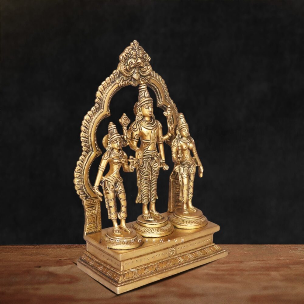 Antique finish brass statue of Lord Vishnu with Goddess Lakshmi and Bhudevi