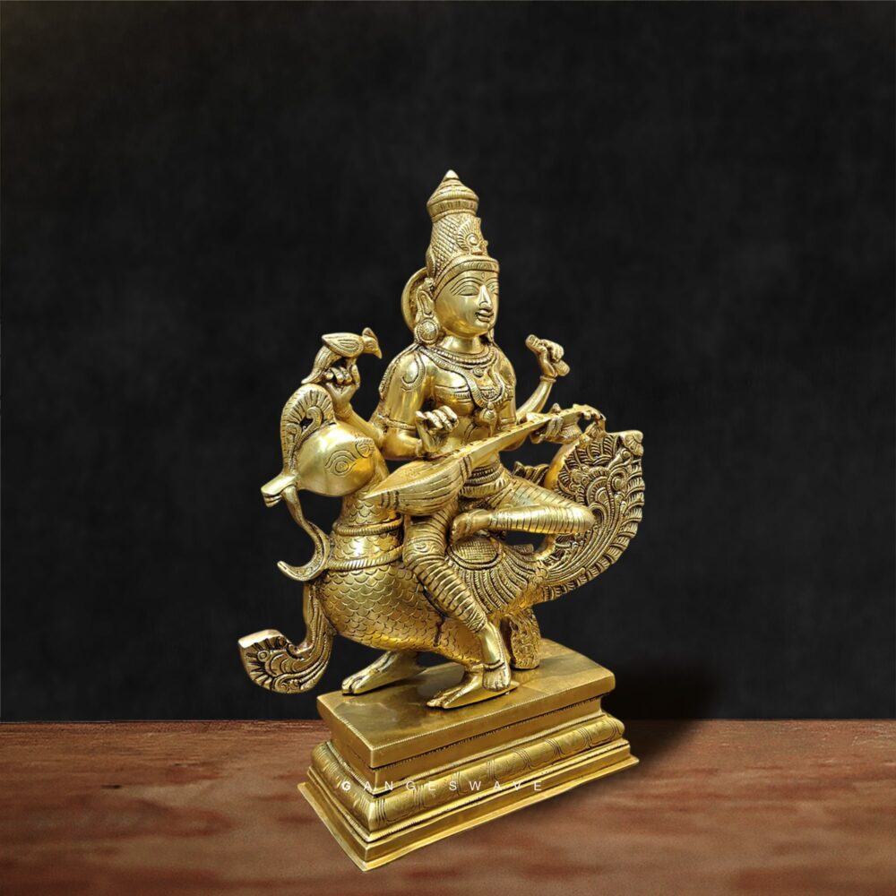 Maa Saraswati brass idol on peacock vahana handcrafted statue