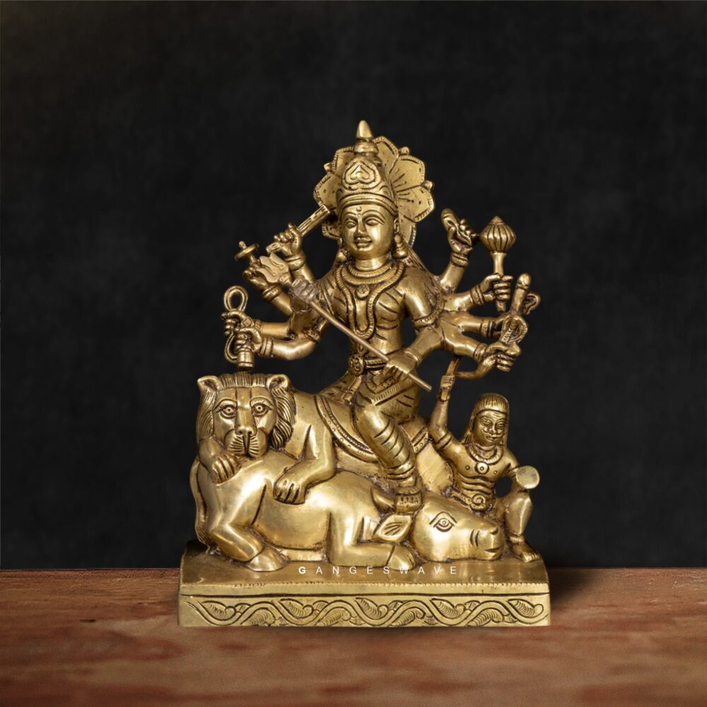 Handcrafted Brass Mahishasura Mardini Statue – Goddess Durga Idol for Home, Pooja & Décor