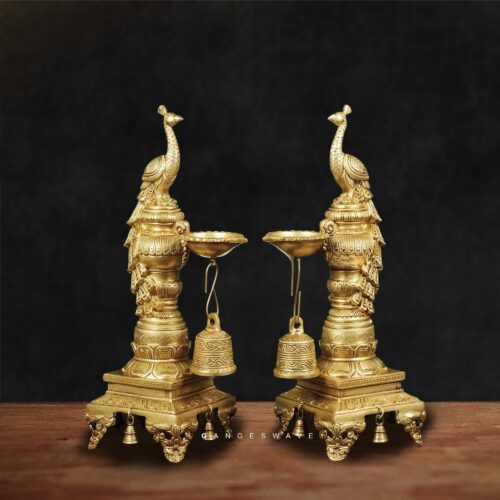 Peacock Brass Oil Diya (Pair) – Traditional Indian Brass Lamp with Bells for Home Décor & Puja Rituals