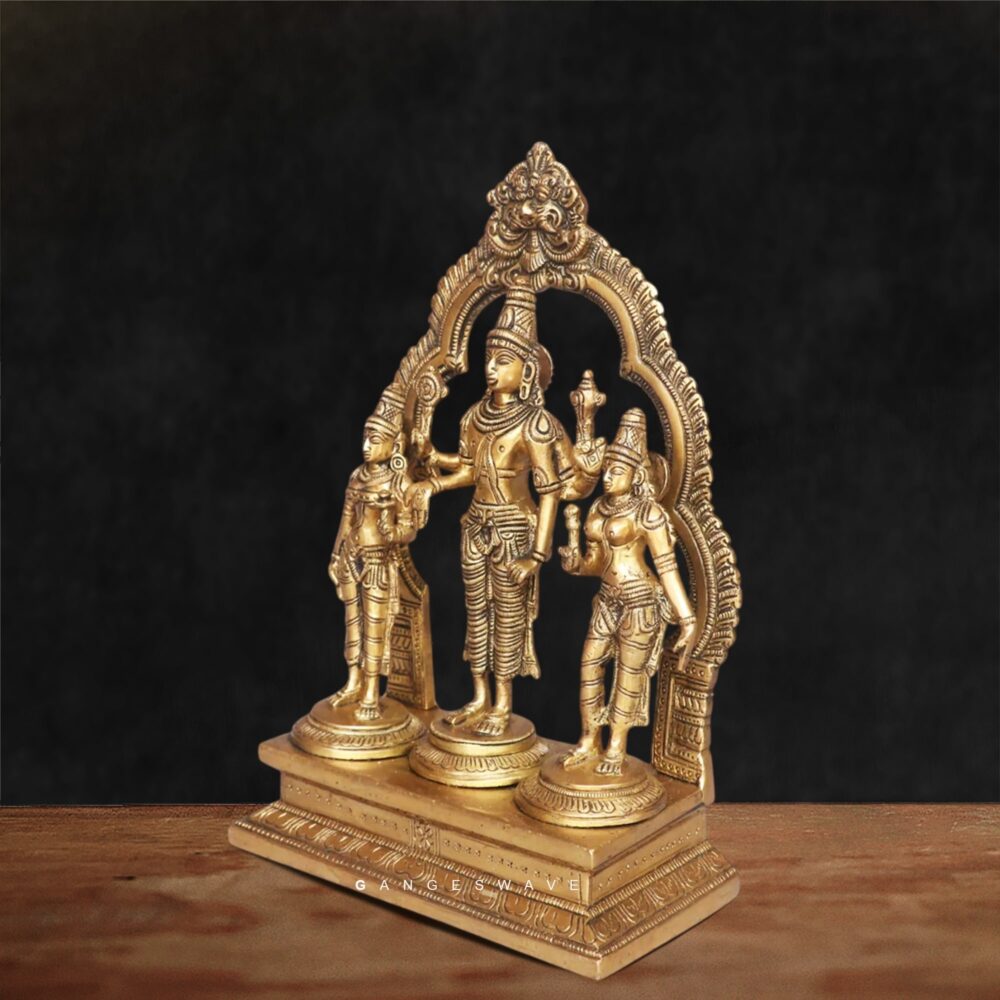 Lakshmi Narayan brass murti with ornate arch handcrafted in India