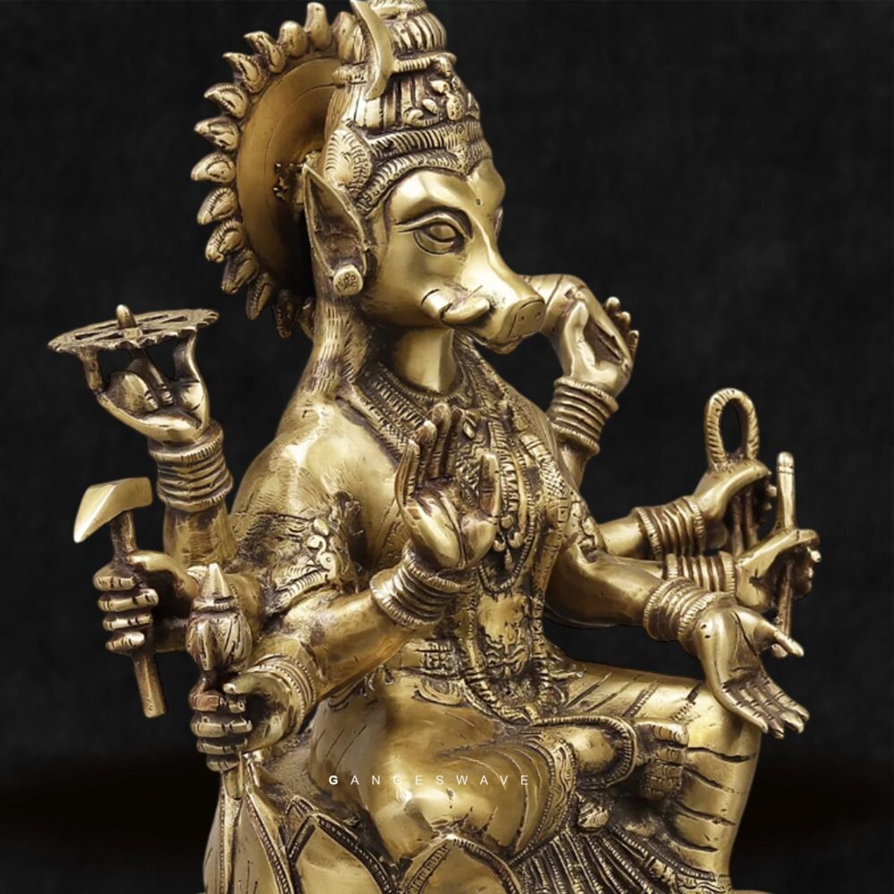 Brass Hindu God idol Varaha Avatar seated on lotus with lion faces
