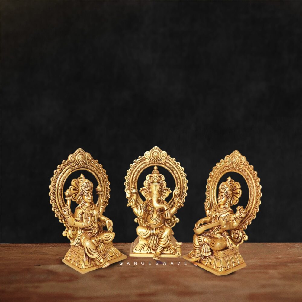Small Brass Lakshmi Ganesh Saraswati Murti Set