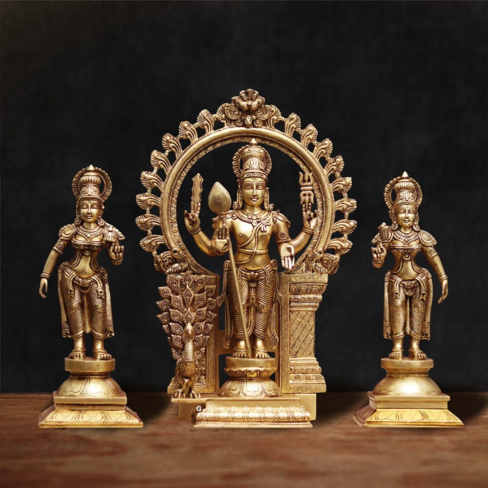 Lord Murugan with Valli and Deivanai Brass Idol Set
