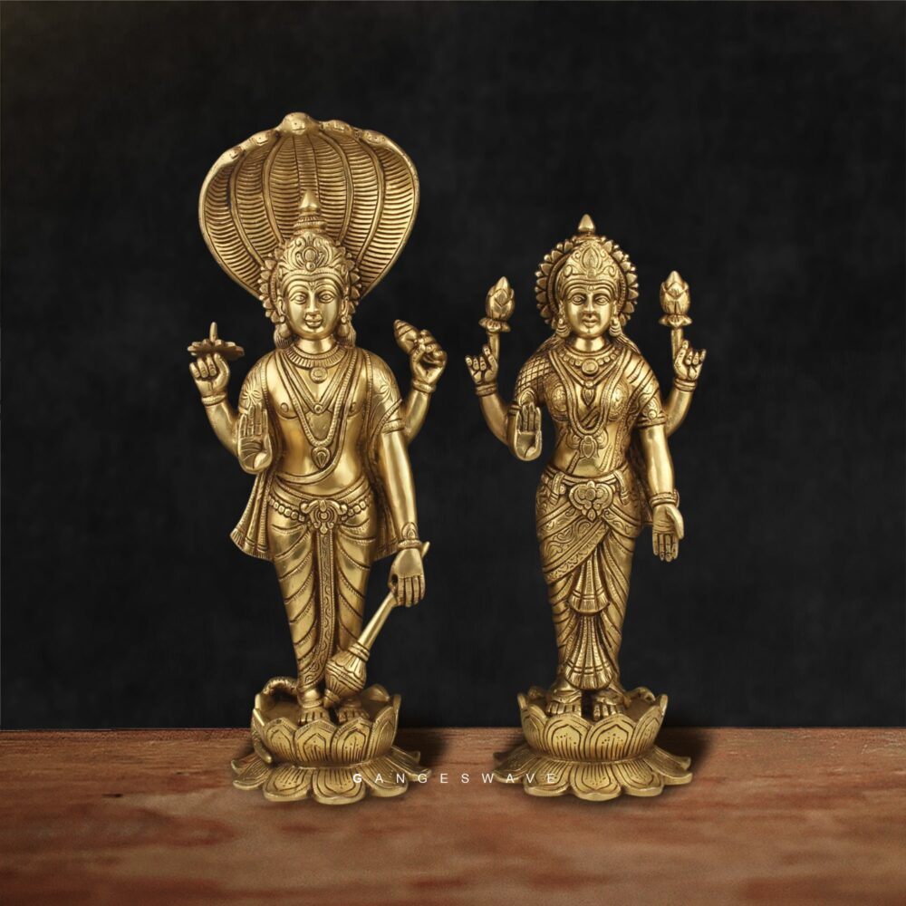 Vishnu Lakshmi Brass Idol Pair – Handcrafted Hindu Deity Statues for Home and Temple Décor by Gangeswave