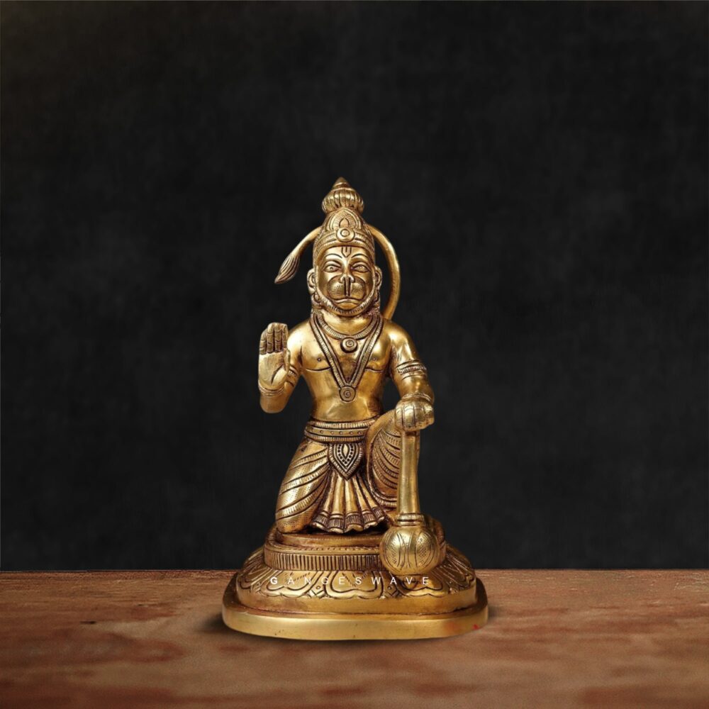 Handcrafted 9 Feet Hanuman Brass Idol in Blessing Posture with Gada – Antique Finish Bajrangbali Murti for Home Temple
