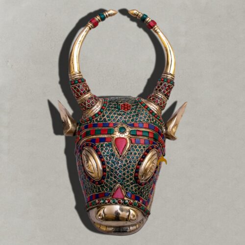 Brass Bull Face Wall Hanging with Stone Work - 13 inches