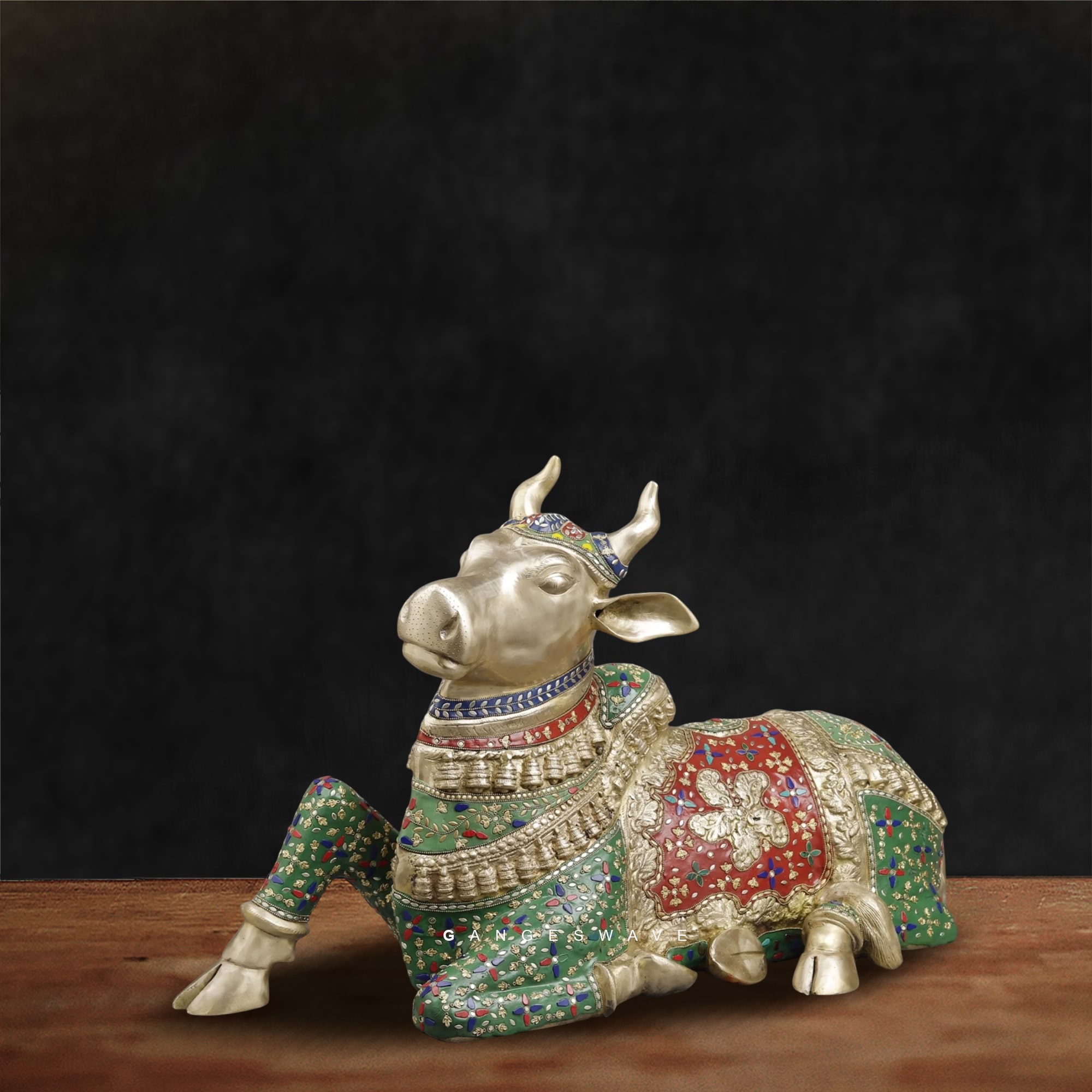 Nandi Brass Statue with Semi-Precious Stone inlay work - 22 inches - Image 6