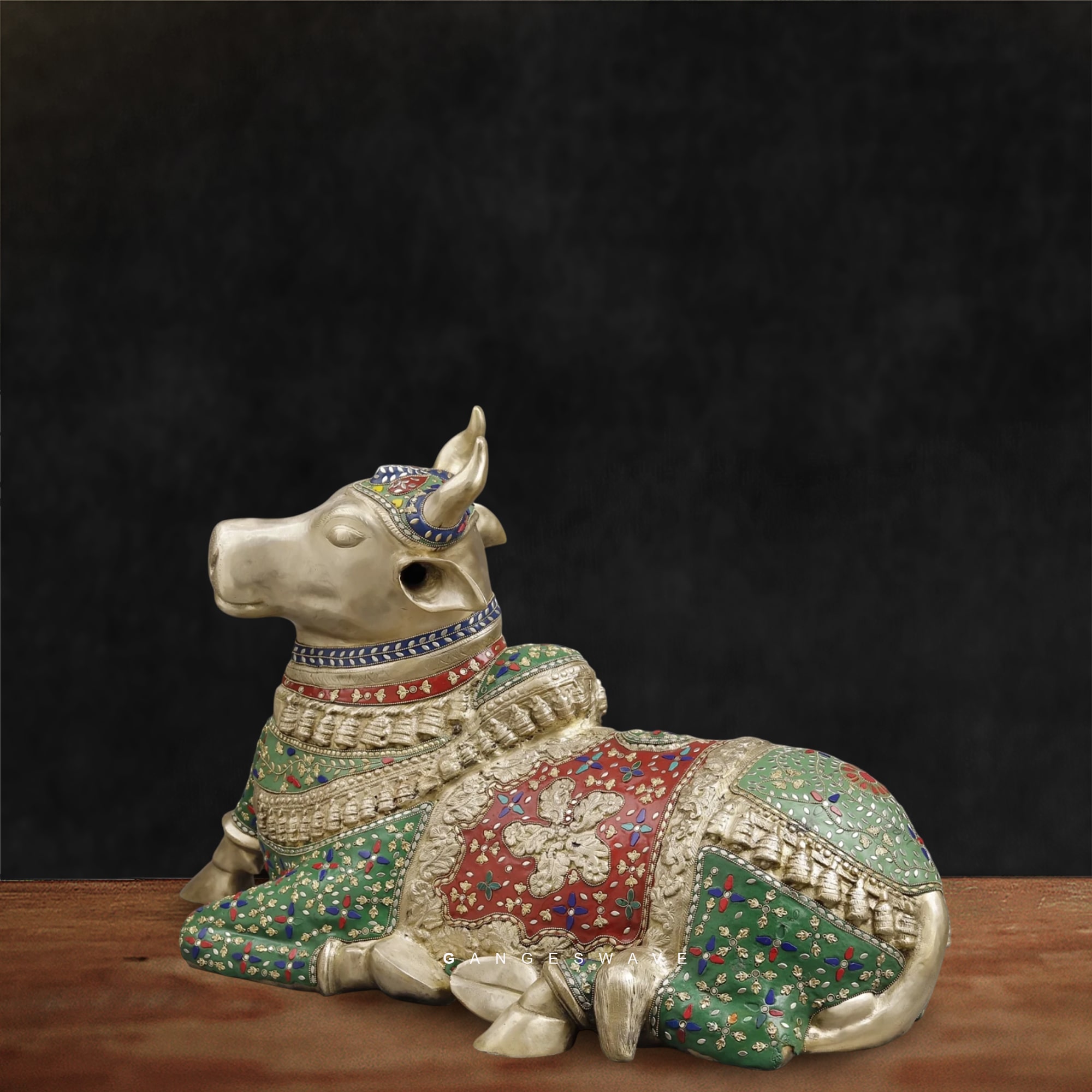 Nandi Brass Statue with Semi-Precious Stone inlay work - 22 inches - Image 5