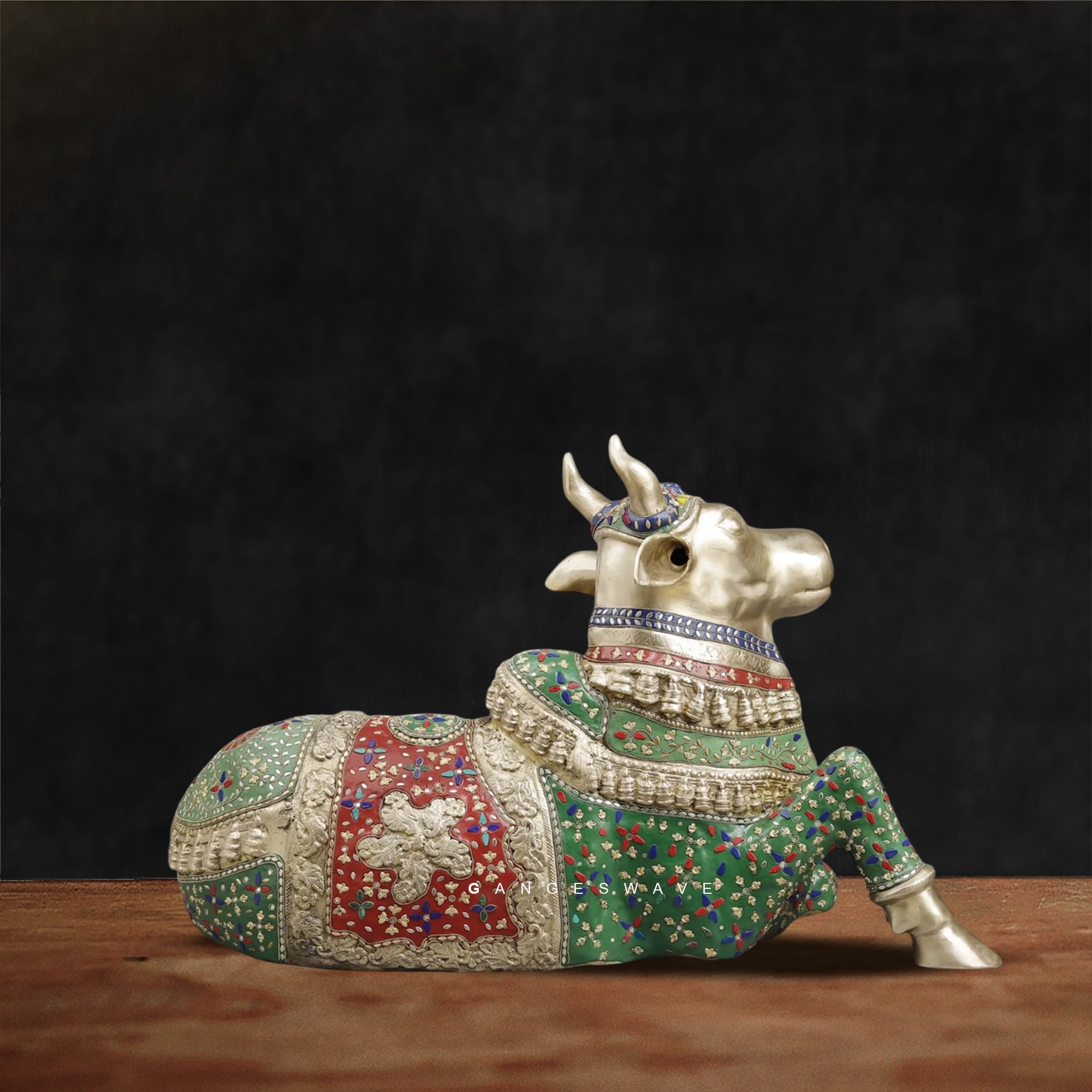Nandi Brass Statue with Semi-Precious Stone inlay work - 22 inches - Image 2