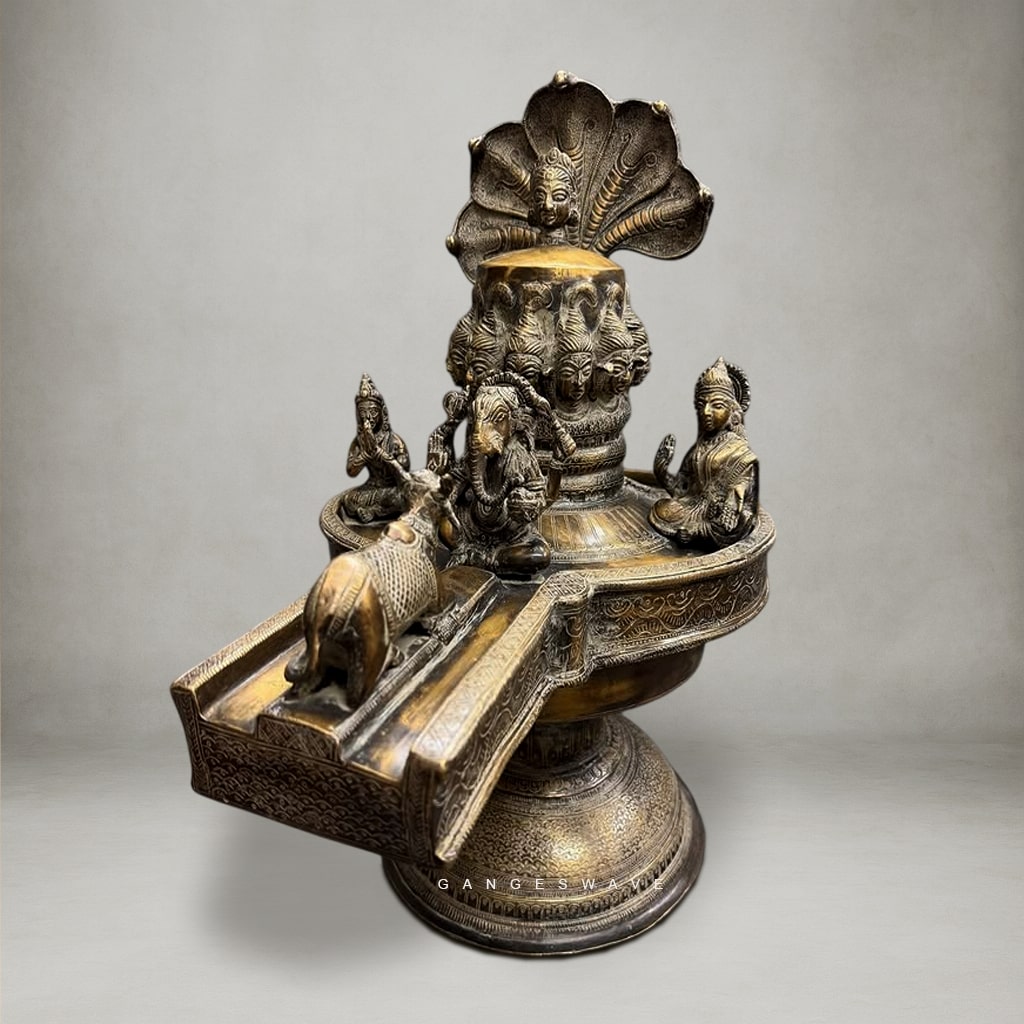 Shiva Lingam with Shiva Family and Shiva Heads on Linga In Brass - 20 inches - Image 4