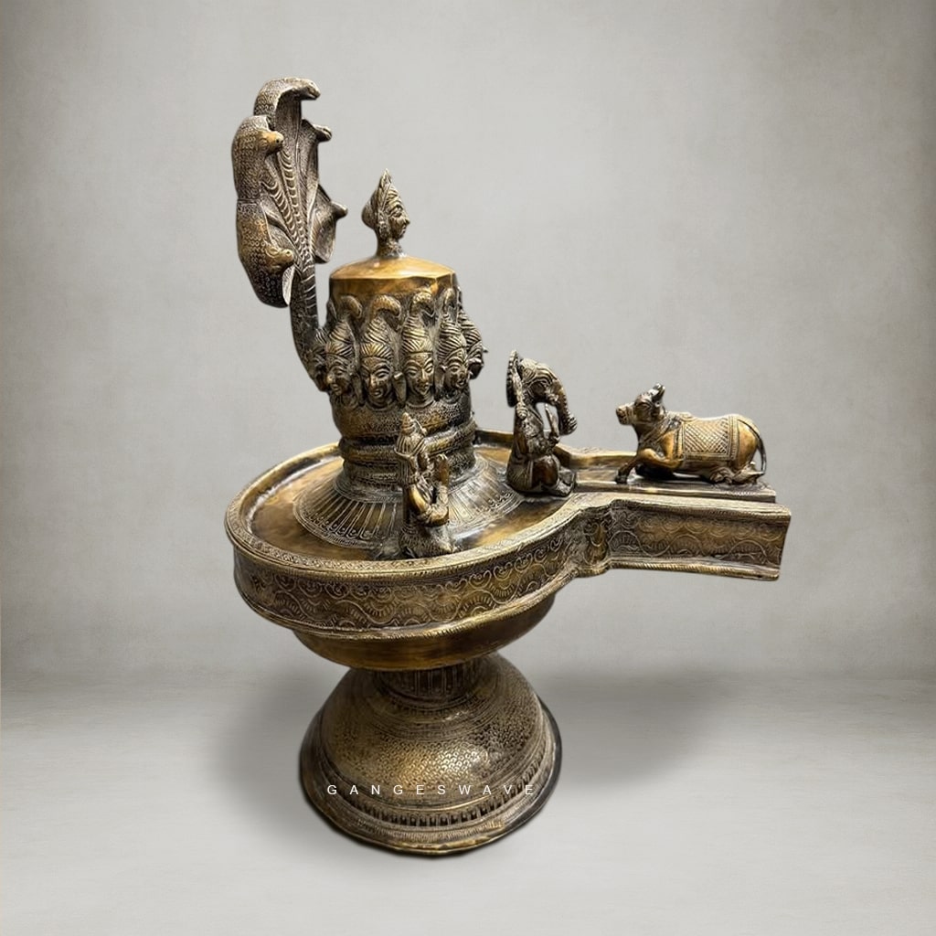 Shiva Lingam with Shiva Family and Shiva Heads on Linga In Brass - 20 inches - Image 5