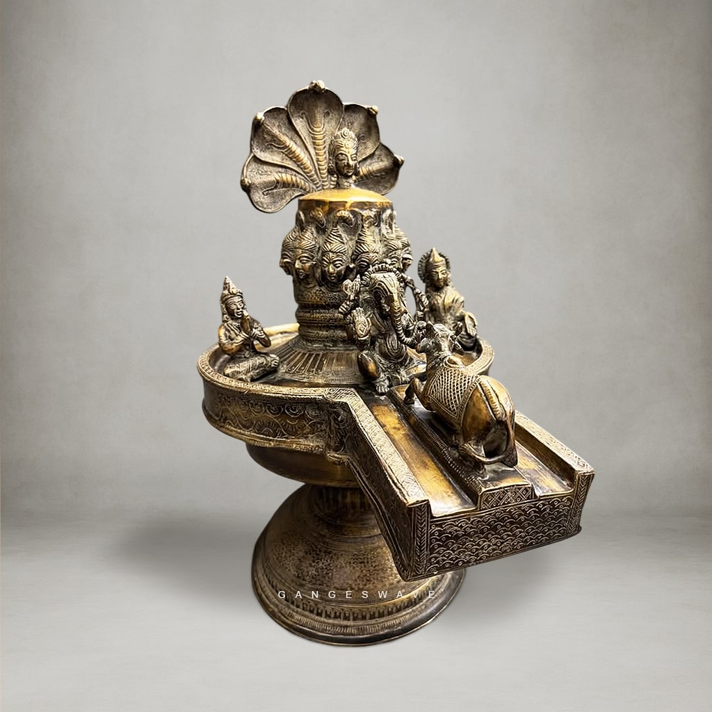 Shiva Lingam with Shiva Family and Shiva Heads on Linga In Brass - 20 inches - Image 7