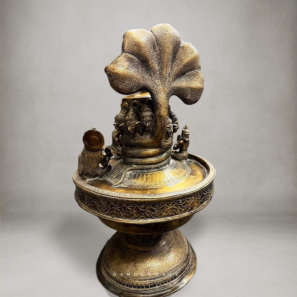 Shiva Lingam with Shiva Family and Shiva Heads on Linga In Brass - 20 inches - Image 2
