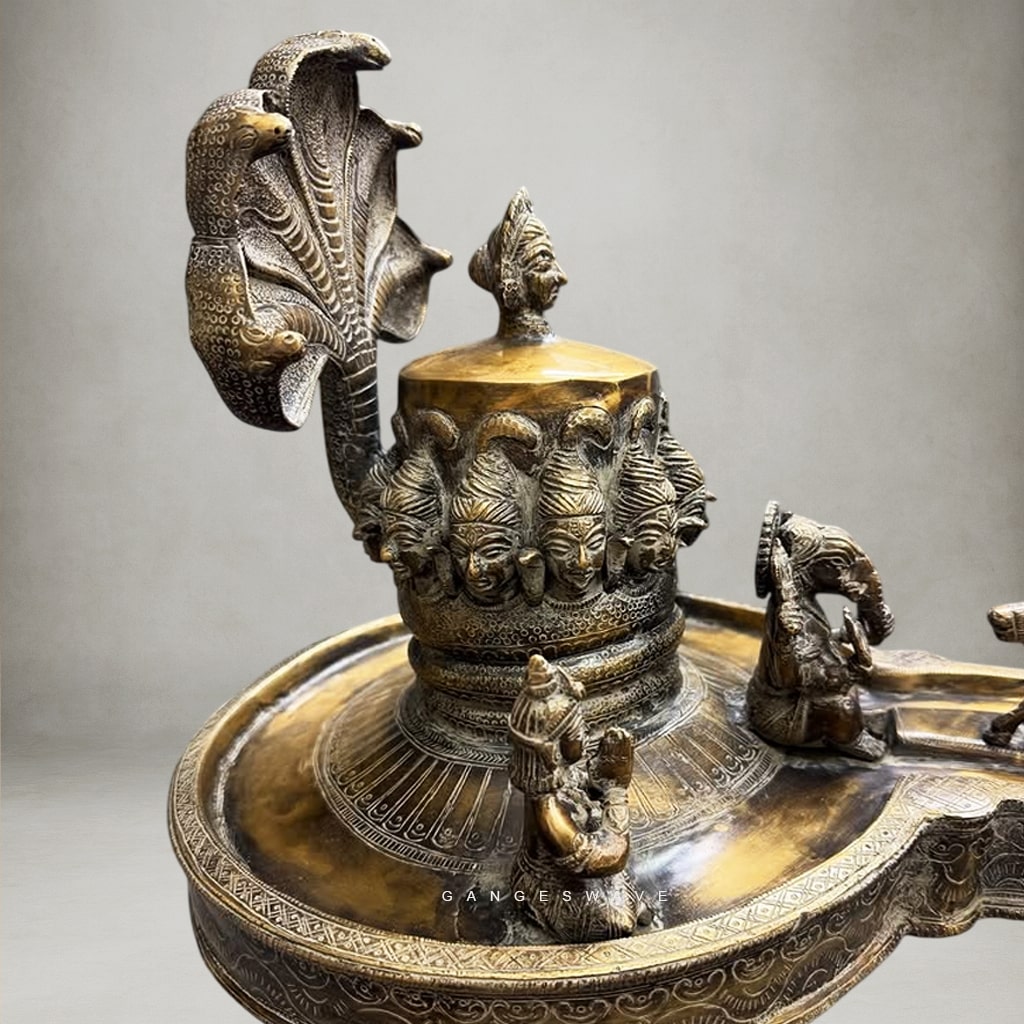 Shiva Lingam with Shiva Family and Shiva Heads on Linga In Brass - 20 inches - Image 3