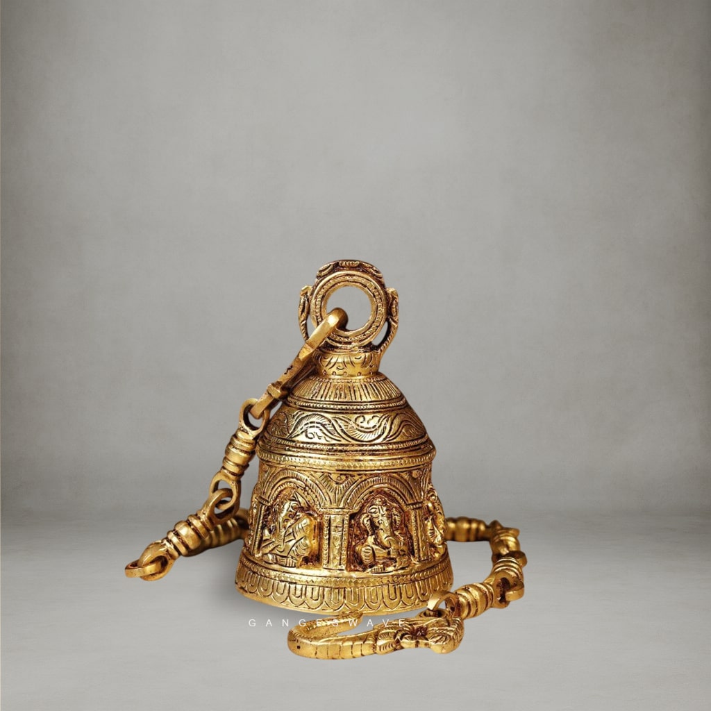 Brass Temple Bell with Ganesha Carvings - 29 inches - Image 2