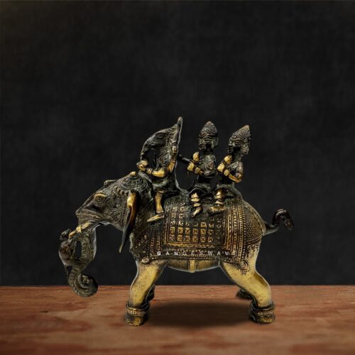Ganesh with Riddhi Siddhi Brass Elephant Figurine - 9 inches