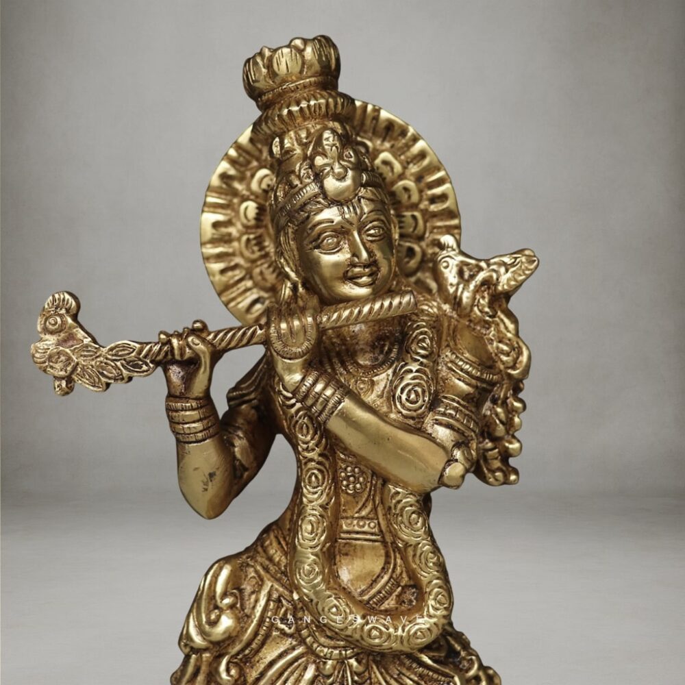 Premium brass Krishna figurine on decorative pedestal