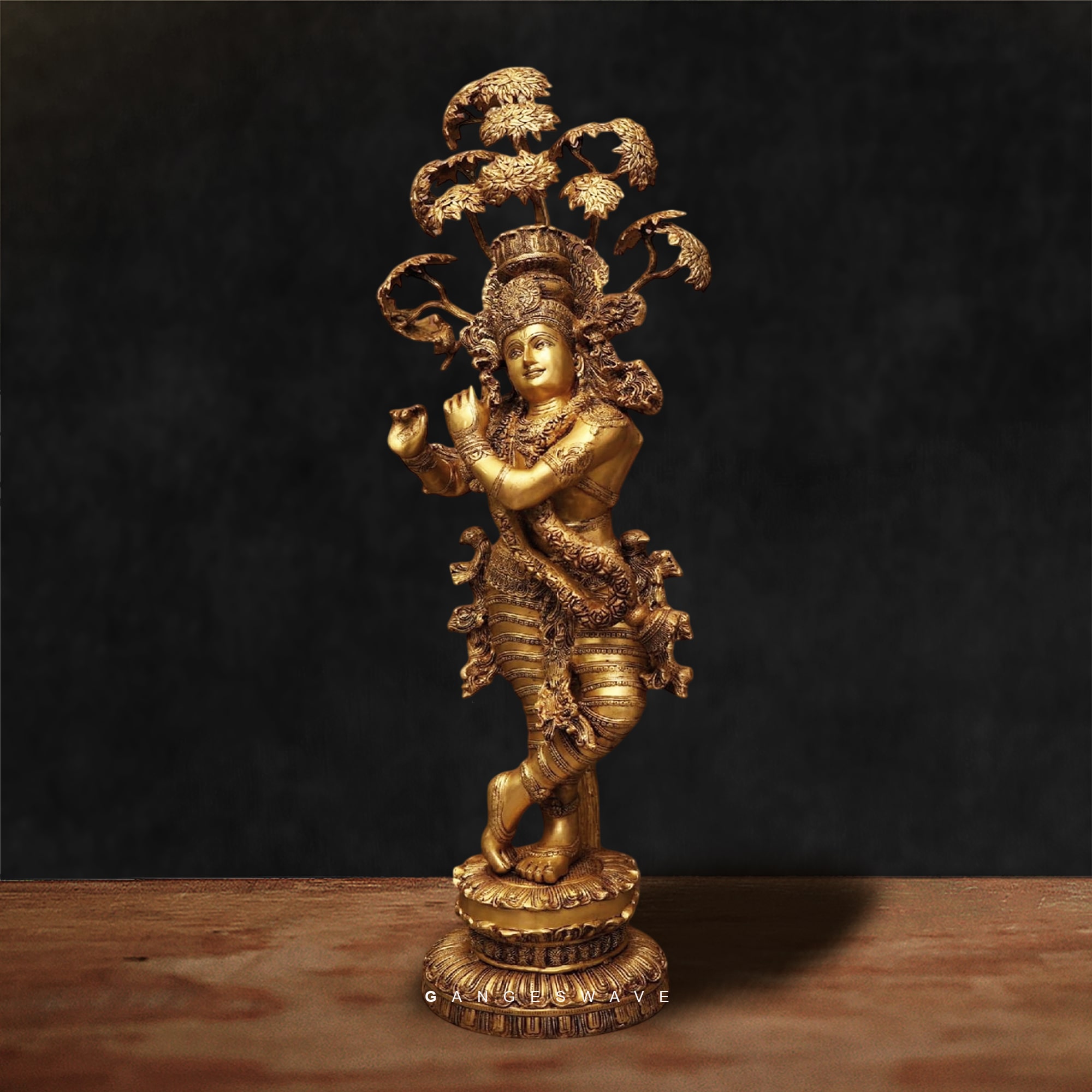 Large Krishna Brass Statue with Kadamb Tree - 56 inches - Image 2
