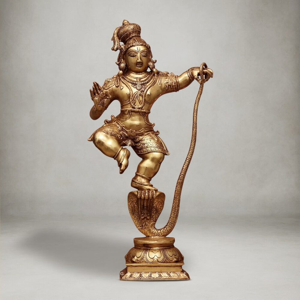 Handcrafted brass Krishna on Shesh Naag statue with antique finish for home décor