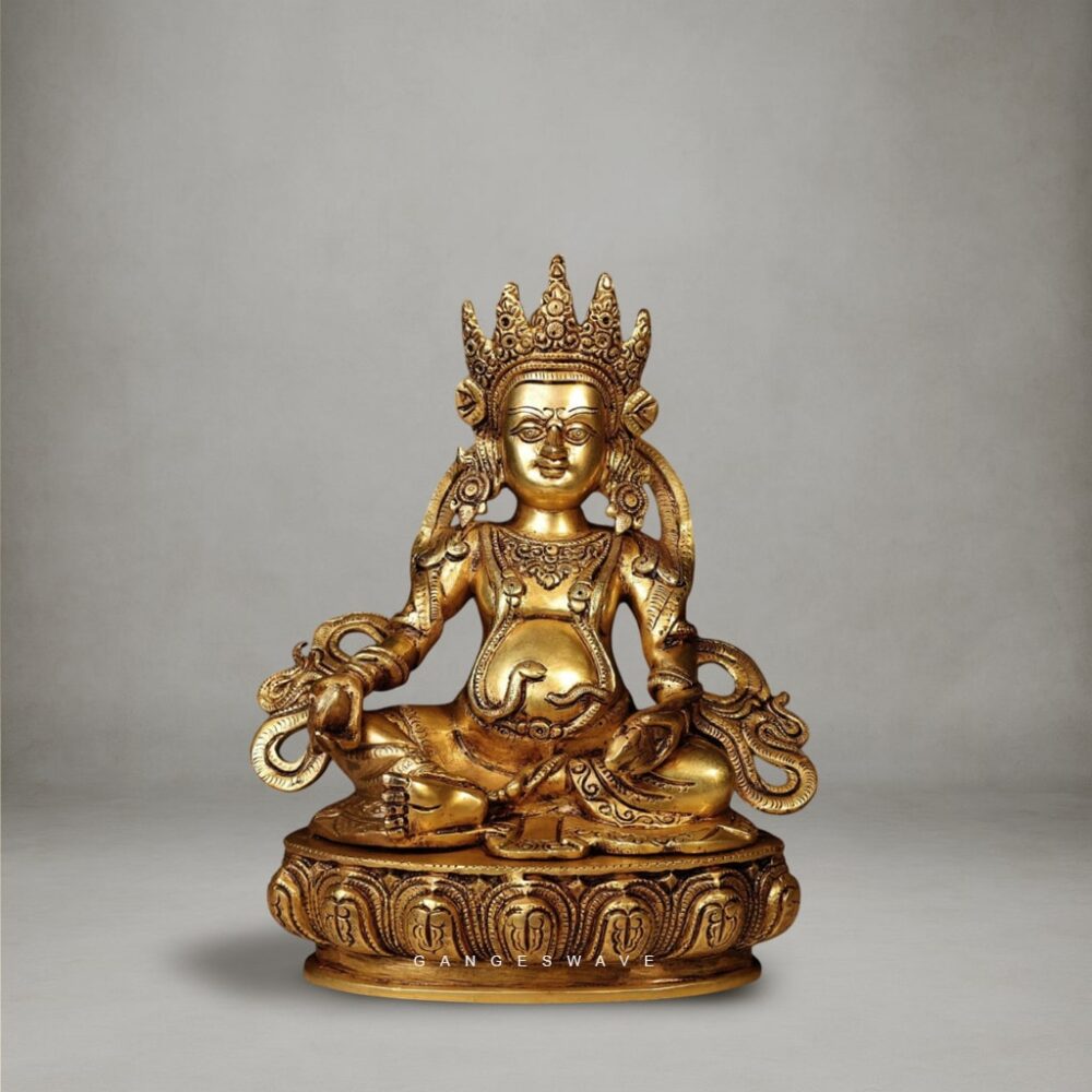 Handcrafted brass Kuber murti seated on lotus pedestal with intricate carvings