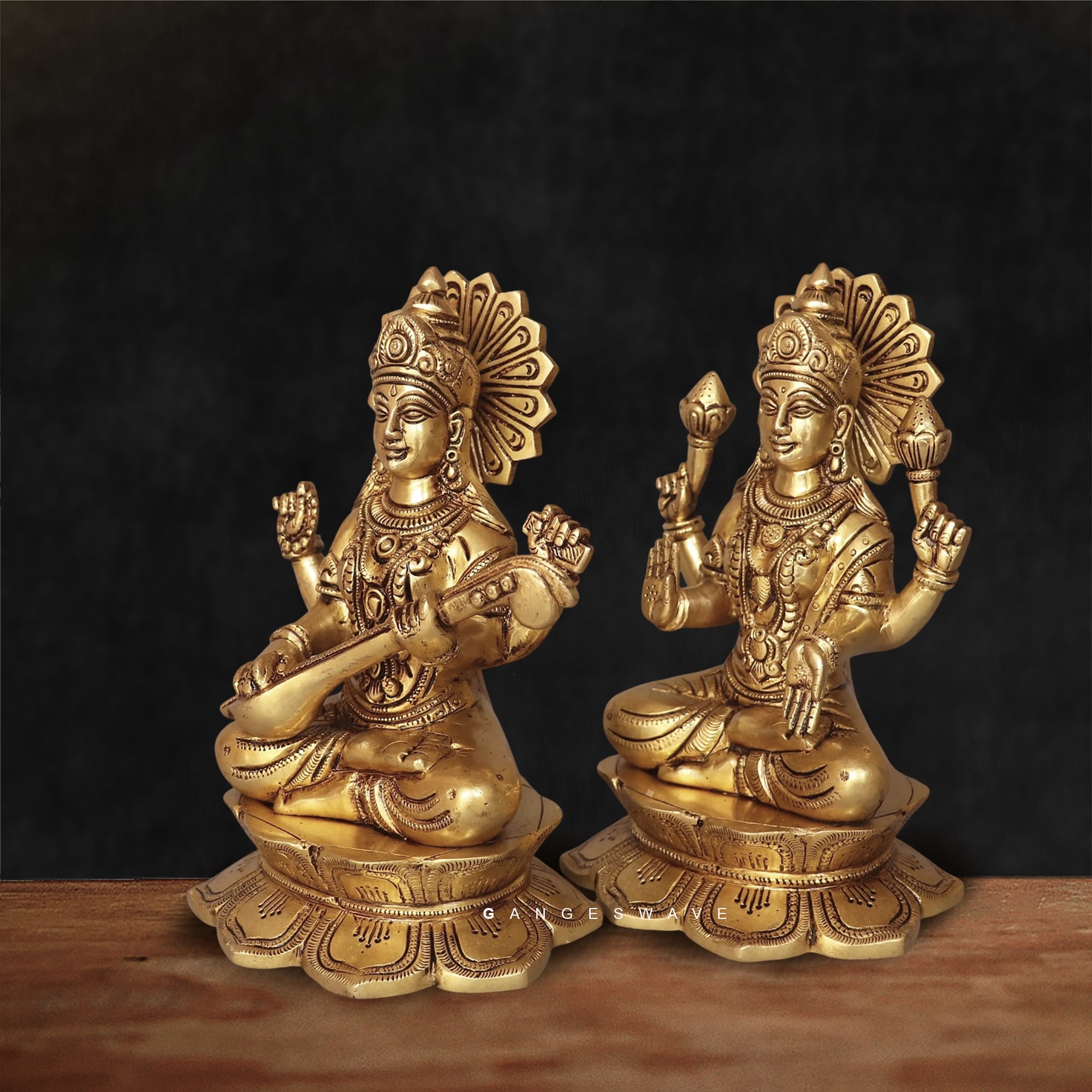 Brass Lakshmi Saraswati Idol Set - 8 inches - Image 2