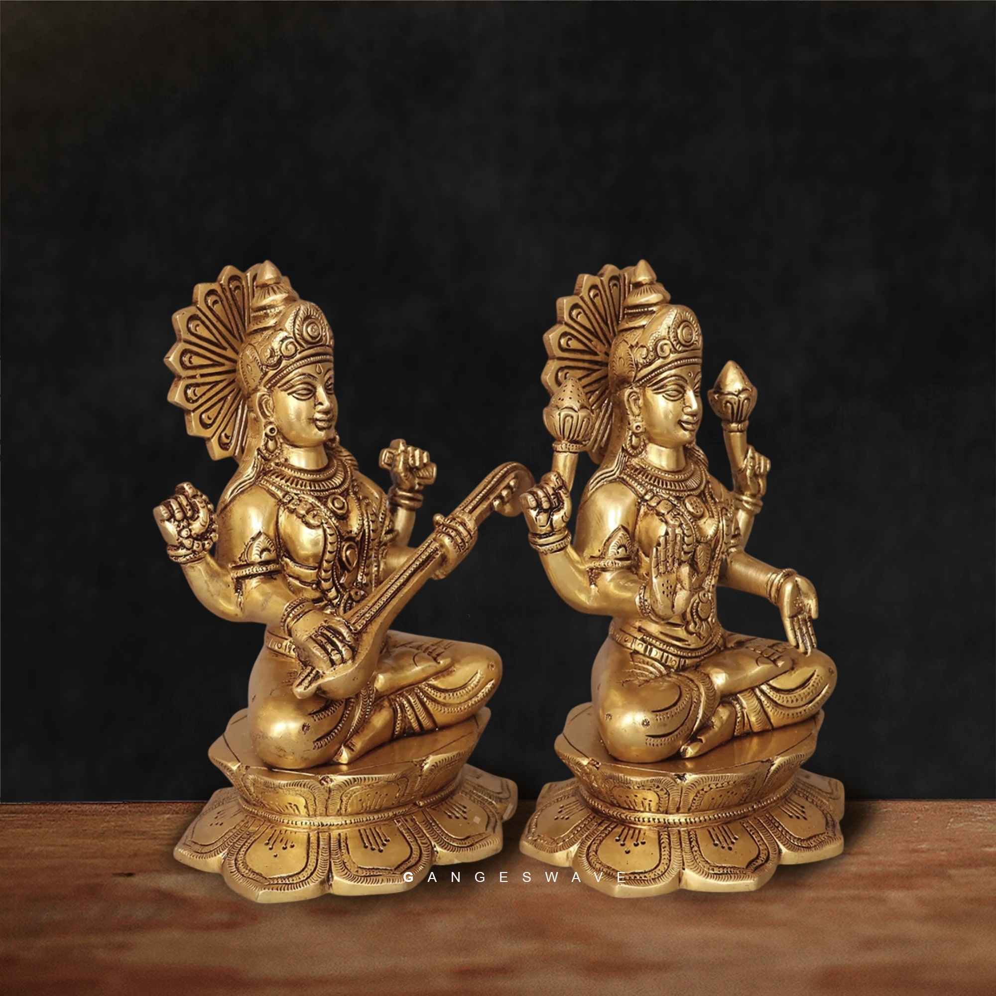 Brass Lakshmi Saraswati Idol Set - 8 inches - Image 3