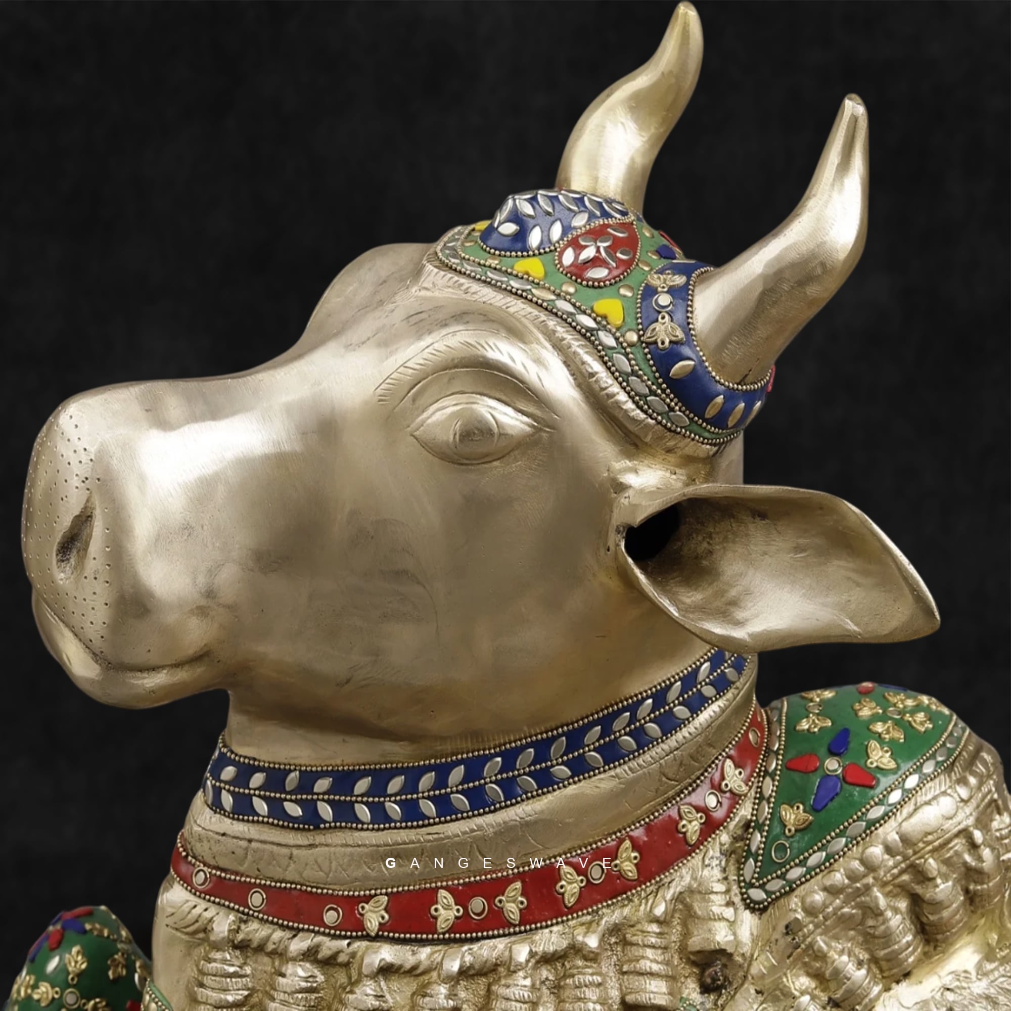 Nandi Brass Statue with Semi-Precious Stone inlay work - 22 inches - Image 4