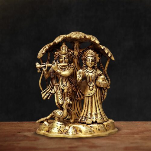 Handcrafted Radha Krishna brass idol under Kadamba tree – Krishna flute statue with antique finish