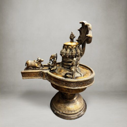Shiva Lingam with Shiva Family and Shiva Heads on Linga In Brass - 20 inches