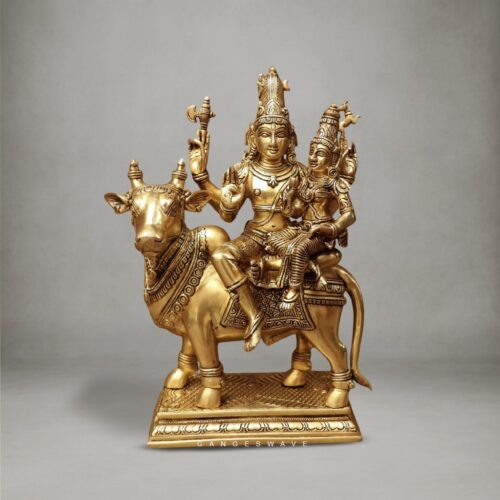 Handcrafted Shiv Parvati on Nandi superfine brass idol – premium golden Hindu deity statue for home temple and décor.
