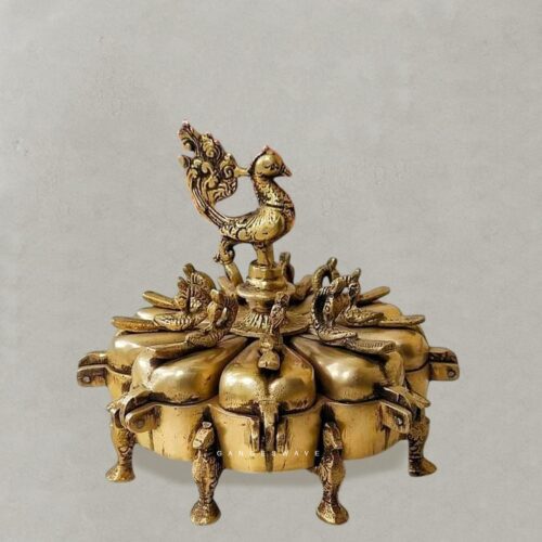 Brass Peacock Kumkum Holder | Vintage Finish Multi-Compartment Sindoor Box